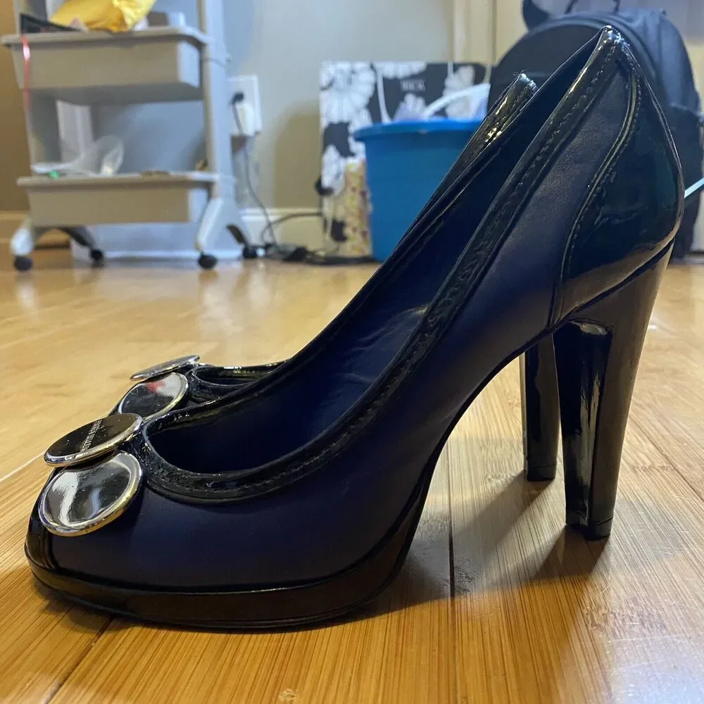 Karen Millen Heels EU Size 37 Blue Black Patent Leather Platform Peep Toe Heels